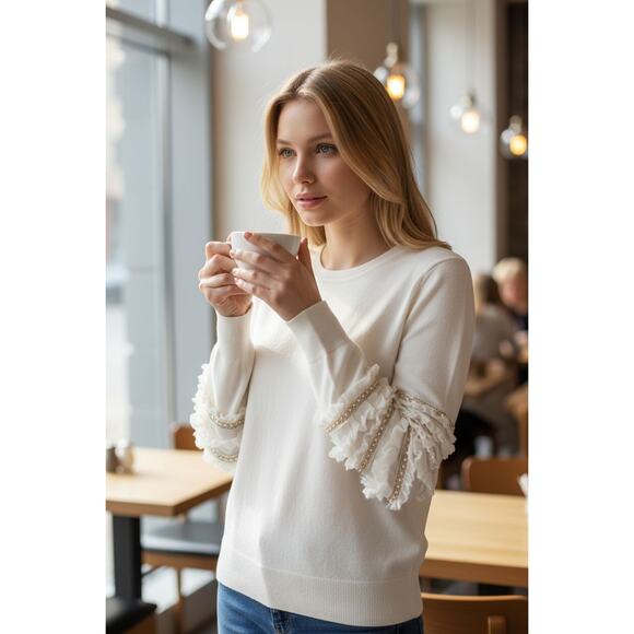 Sioni sz small cream crewneck embellished ruffle dolman sleeve sweater new - Picture 1 of 8